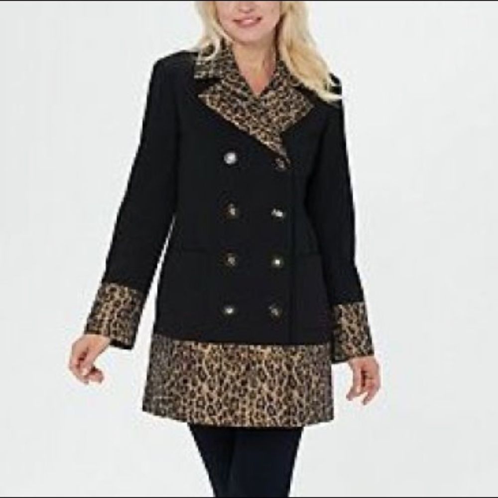 dennis basso Black Coat with Leopard Trim